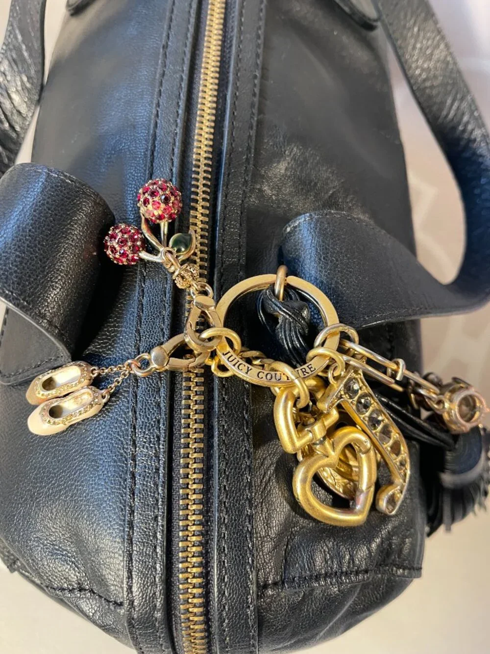 Juicy Couture Y2K Black Leather Bowling Shoulder Bag Tassel Logo Purse